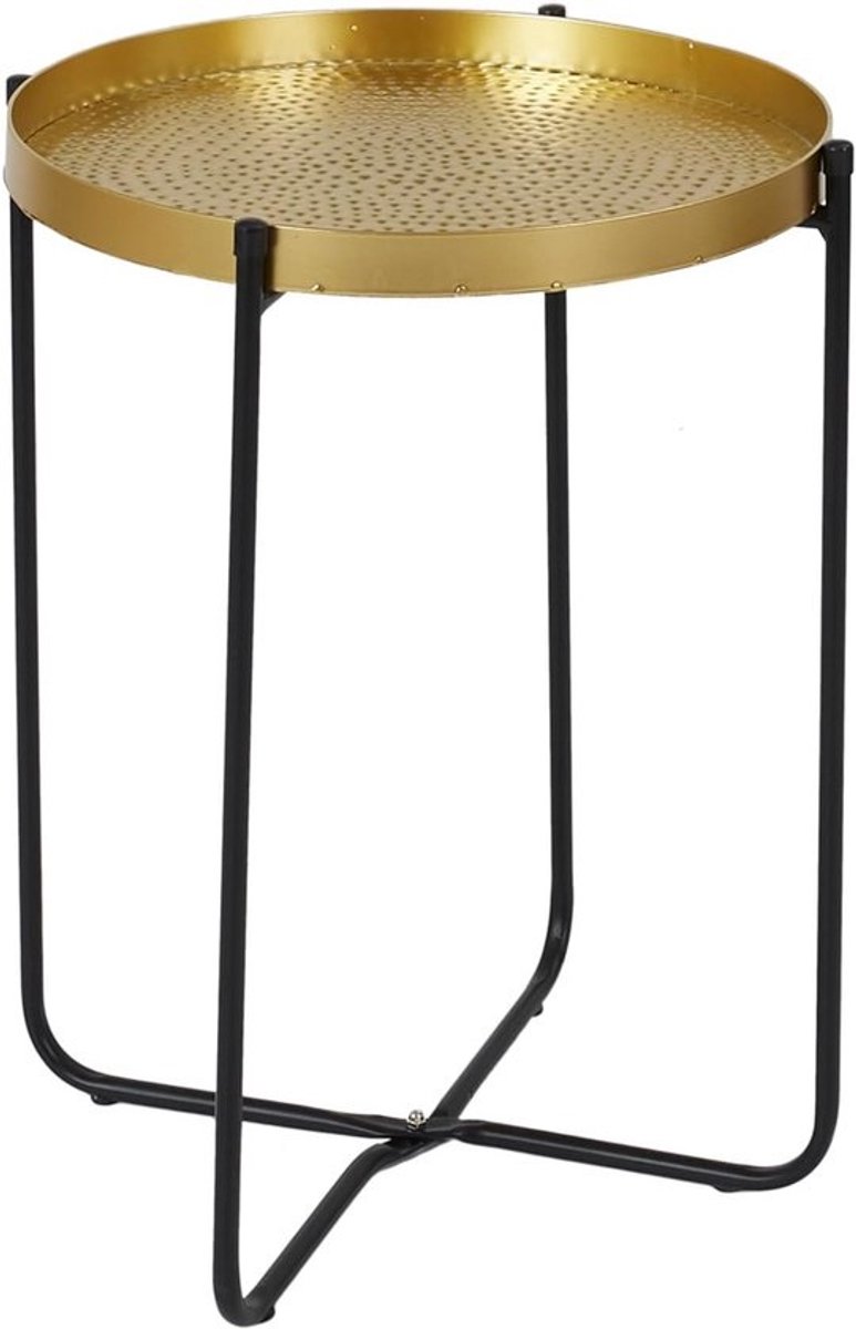 Ronde bijzettafel goudkleurige blad en zwarte poten 35x45 cm