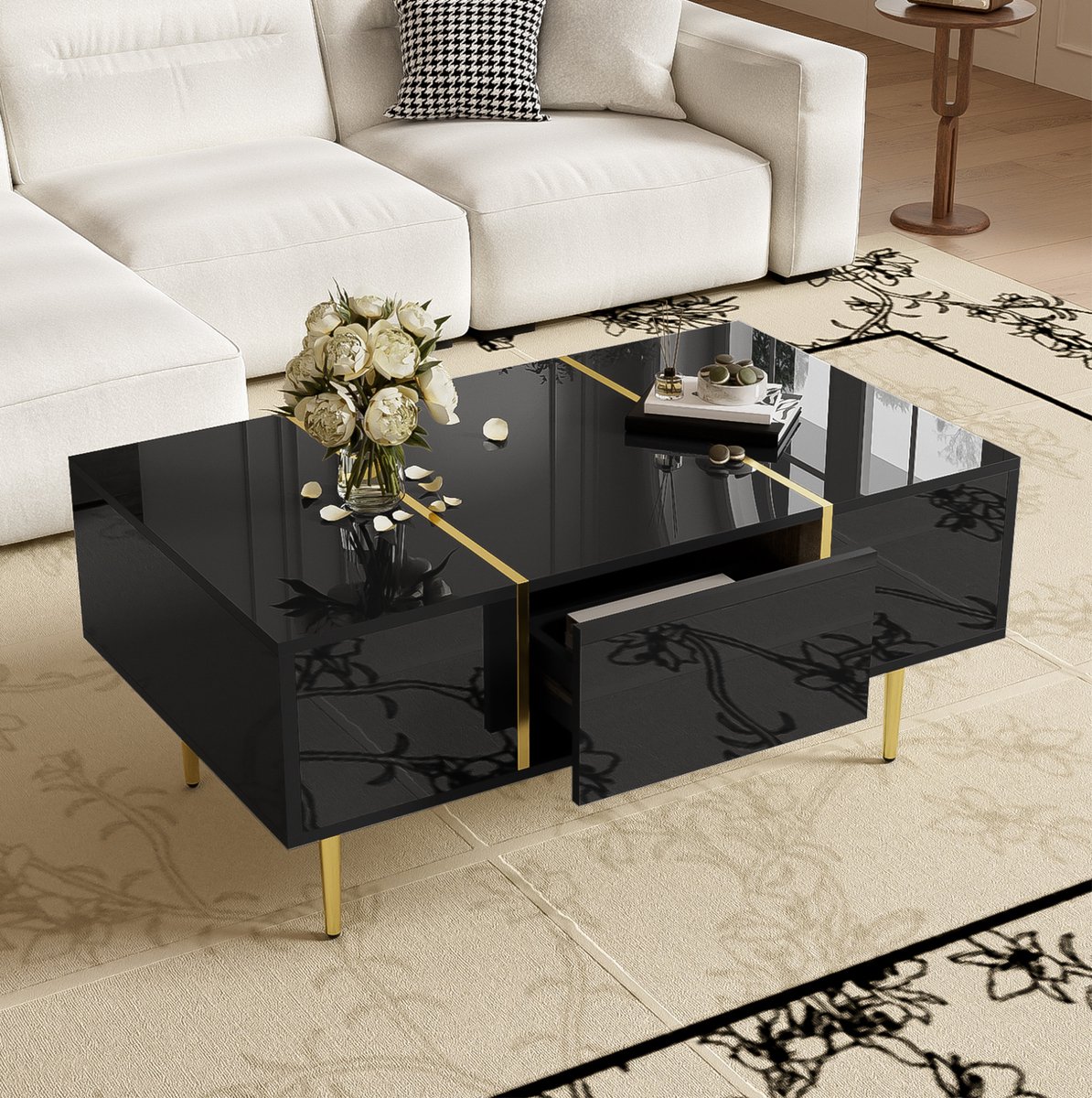 MEUNIQ Salontafel 100 x 60 x 41,5 cm met 2 lades, hoogglans zwart, goudkleurige metalen accenten en 19,5 cm vrije ruimte voor woonkamer