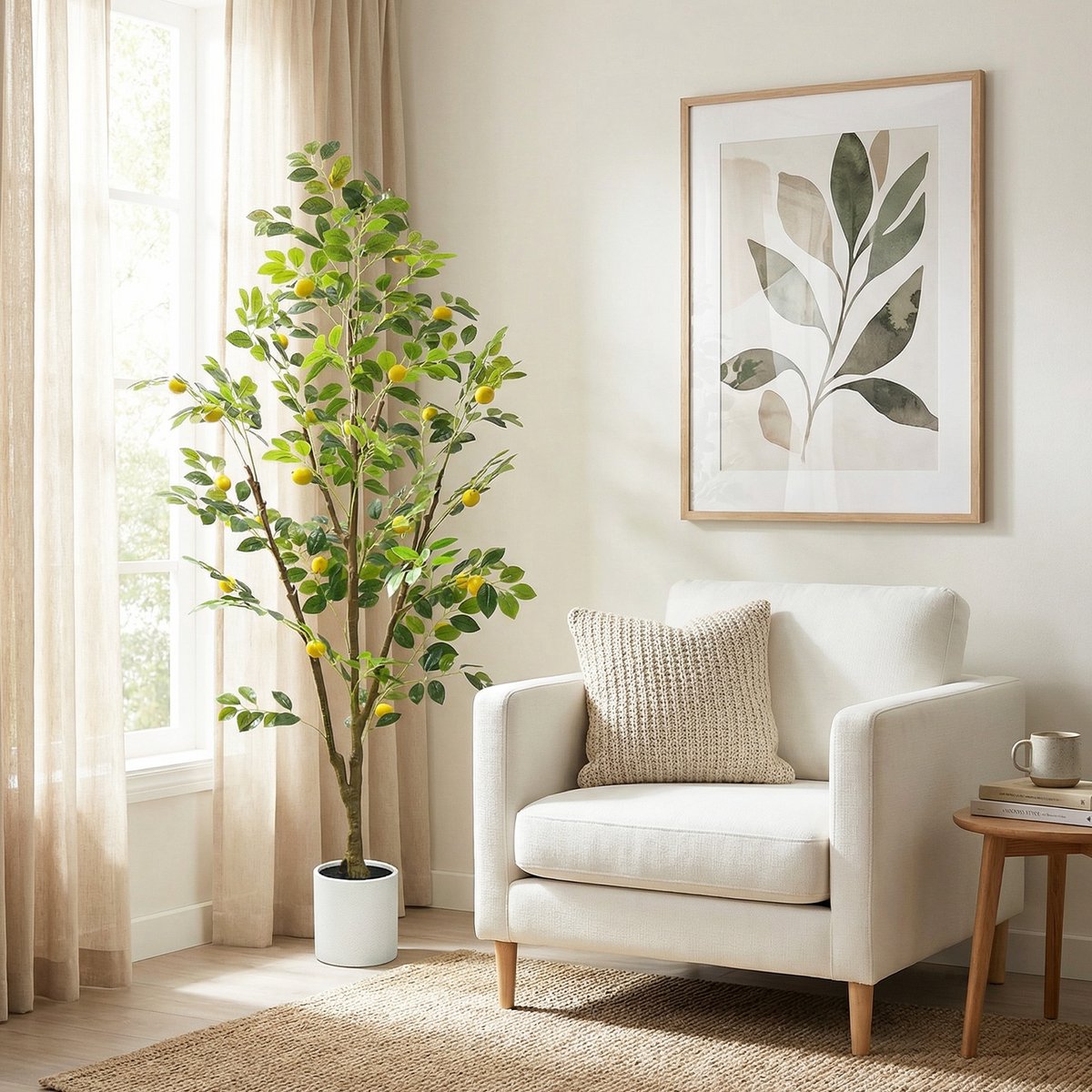 Realistische kunstcitroenboom 150cm - met witte plantenbak - PE & zijde bladeren, natuurlijke stam, voor binnen en veranda