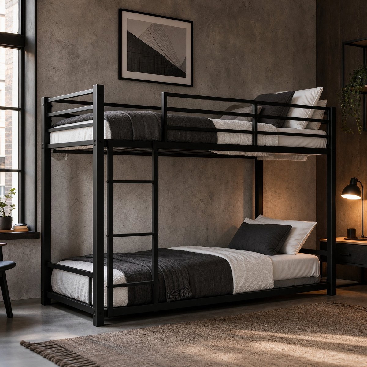 MEUNIQ Stapelbed 90 x 190 cm met metalen lattenbodems, geïntegreerde 3-treeds ladder en uitvalbeveiliging voor kinderkamer - Zwart