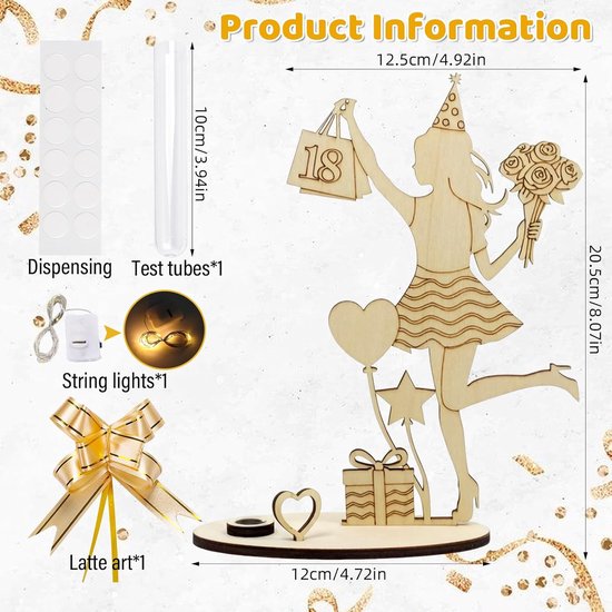 Verjaardag vrouw meisjes, geldgeschenk 18e verjaardag meisje - Houten bord gastenboek met led-lichtsnoer, reageerbuis en strik, jeugdfeest, verjaardagscadeau, decoratief hout — afbeelding 2