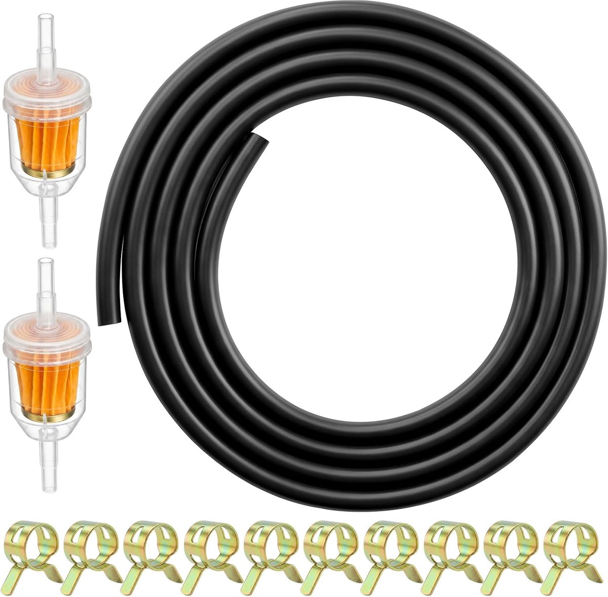 Brandstofslangenset, 2 meter Ø 5mm brandstofslang, brandstofslang met 10 slangklemmen en 2 brandstoffilters voor grasmaaiers, auto's, motorfietsen, tractoren of kleine motoren