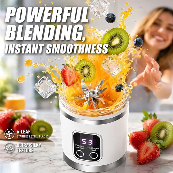 Blender smoothie maker, mini-mixer to go, 450 ml, oplaadbaar, beker met led-display, 12 messen, BPA-vrij, draagbare blender voor milkshake, sap, smoothie (2 - wit) van Blender — afbeelding 3
