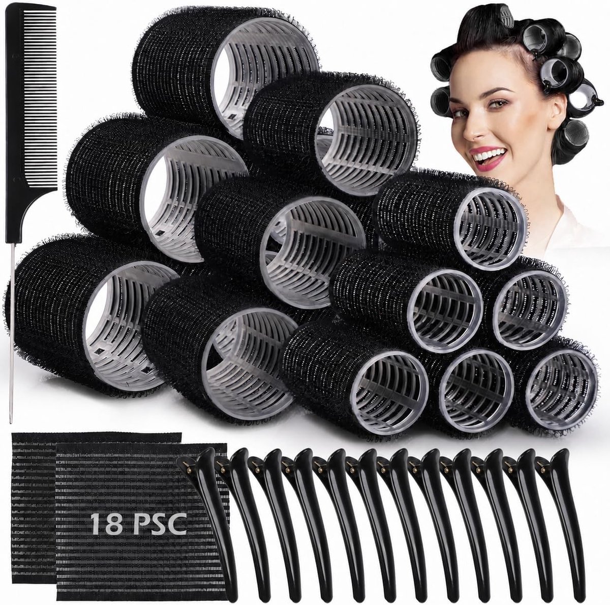 33-delige haarstylingset met zelfklevende krulspelden, haarclips, magische pony's en kam voor lang en kort haar, ideaal voor kappers en thuisgebruik