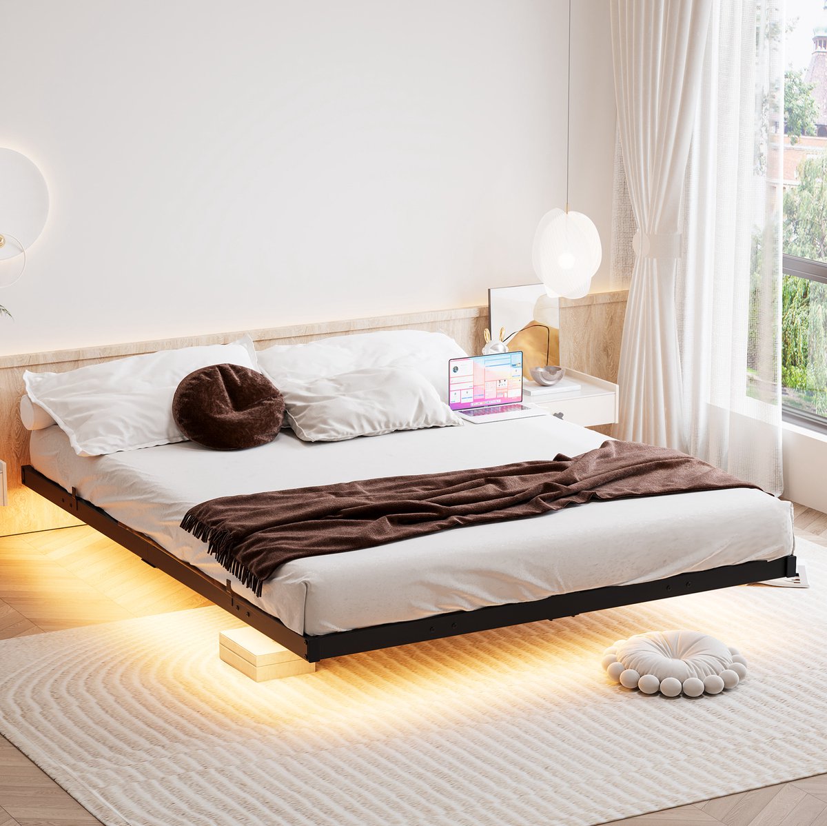 MODFU Bedframe - Zwevend - LED-Verlichting - Oplaadstation - Metaal - Zwart - 140 x 190 cm