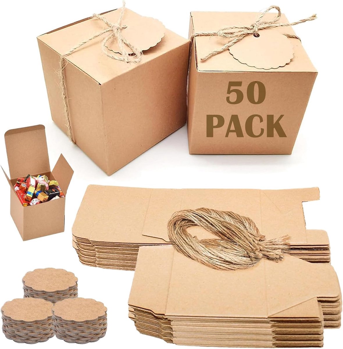 Kleine vierkante geschenkdozen van kraftpapier, 50 stuks, 7 x 7 x 7 cm, perfect voor bruiloften, verjaardagen en feestjes, met deksel en stevig ontwerp