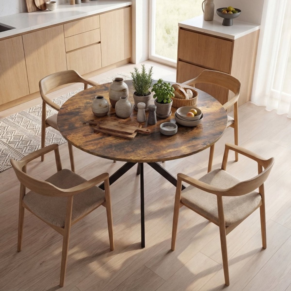 MODFU Ronde Eettafel - X-Poot - Industrieel - Hout - Rustiek Bruin - Ø100 Cm