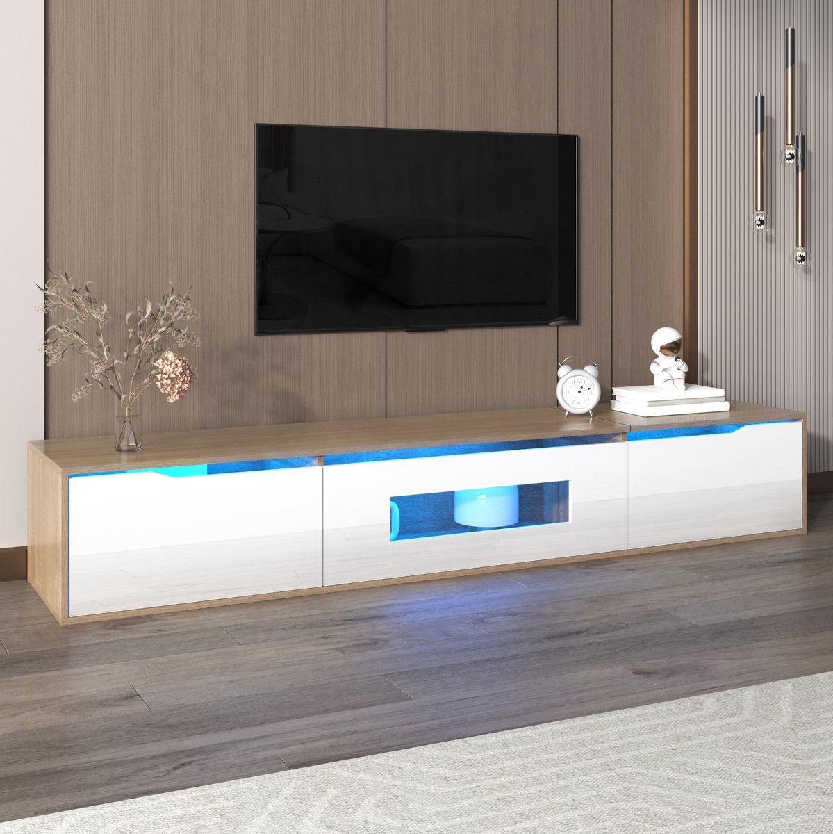 MEUNIQ TV-meubel 180 cm met hoogglans witte afwerking, houtkleur, geïntegreerde LED-verlichting met 16 kleuren en wandmontage voor de woonkamer