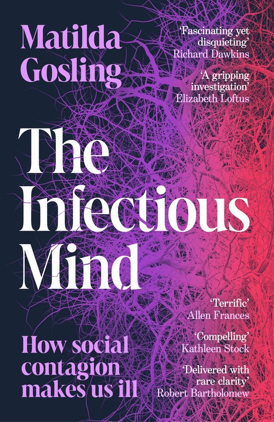 Boek The Infectious Mind van Matilda Gosling, met paarse en roze takken op de omslag.
