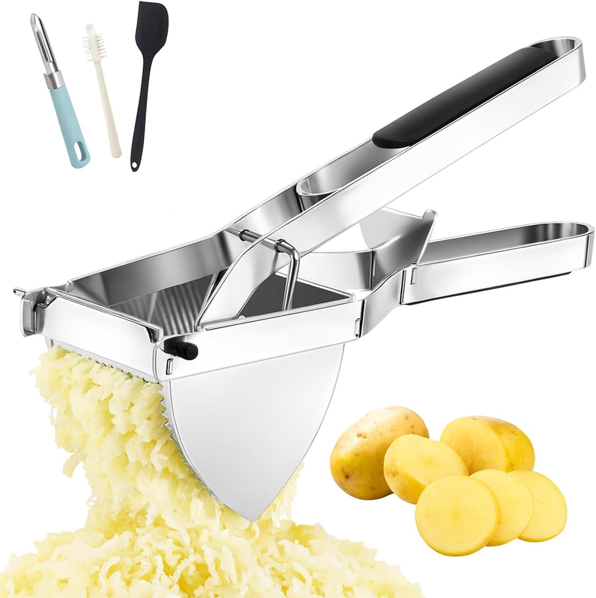 Aardappelpers van roestvrij staal, grote capaciteit en ergonomische handgreep van siliconen, professionele groentepers voor gladde puree, gnocchi en babymaaltijden, robuust en