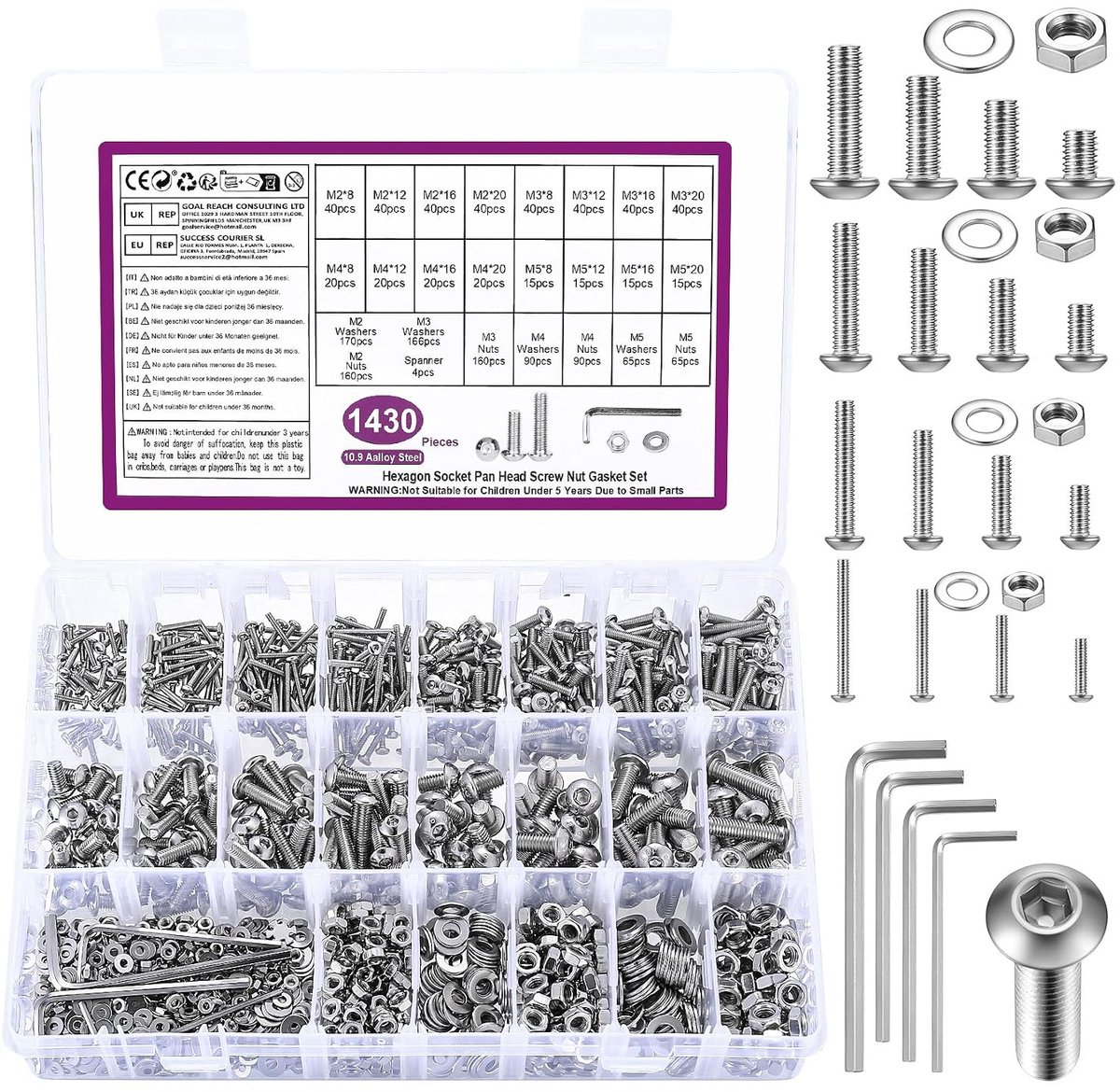 M3 M4 M5 schroevenset, 1430 stuks inbusschroeven moerenset, lenskop inbusschroeven met moerenset, schroefdraadschroevenset met ringen, machineschroevenassortimentsset