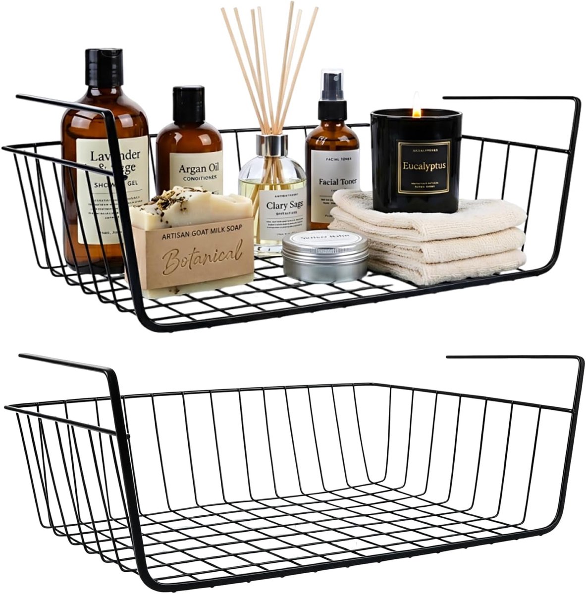 Opbergmand voor onderkast, 32 cm, 2 stuks, metalen hangmand, rek onder kast, hangmand, metalen mand-organizer, plank-hangmand voor keuken, kantoor, eetkamer, badkamer, kast, zwart