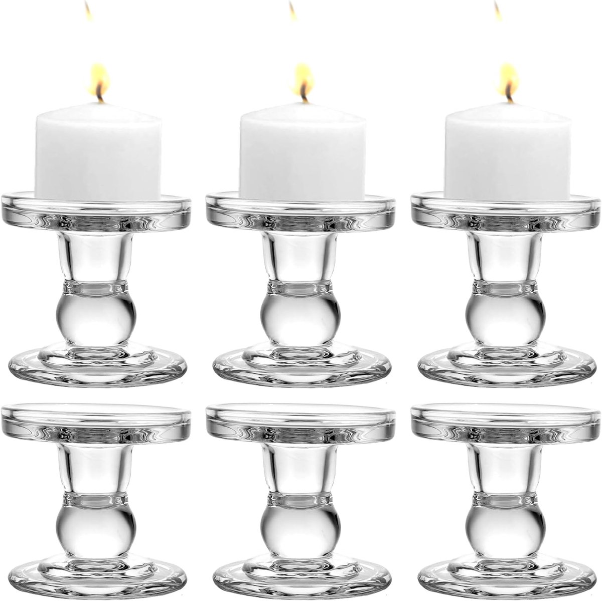 6 stuks kaarsenstandaard, stompkaarsen, 8,6 cm hoog, kandelaar, glas, kaarsenhouder, stompkaarsen, transparante kristallen theelichthouder, kandelaar voor bruiloft, eten, verjaardag