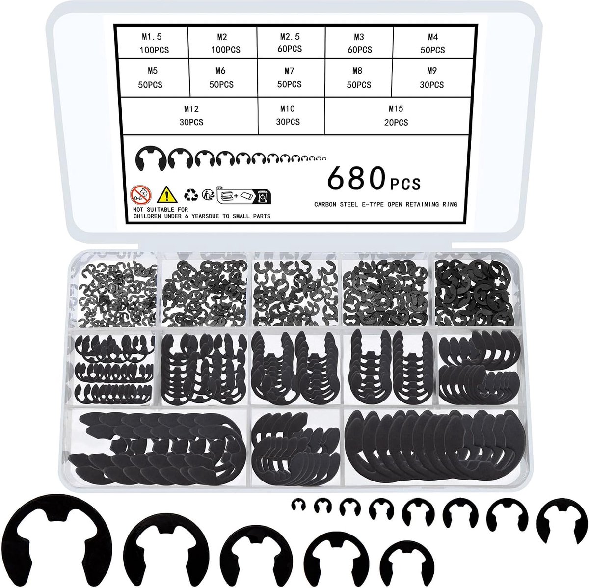 Borgringen verschillende maten, assortiment externe borgringen, e-clips, C-clips, klikringen, zwart koolstofstaal klikopeningsringringen kit, 13 maten, M1,5-M15