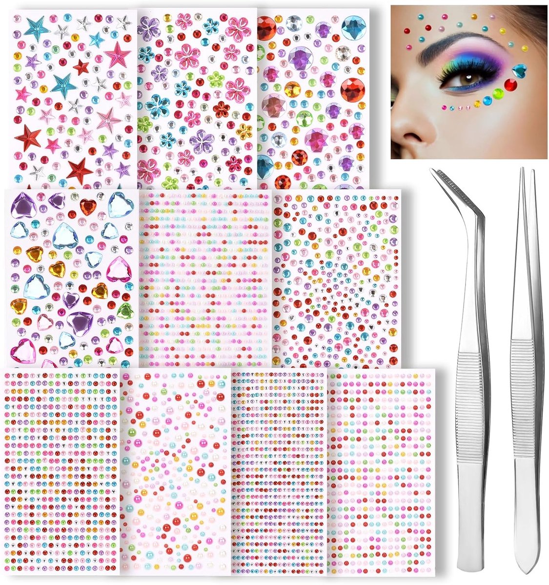 Sticker strass stickers acryl edelstenen doe-het-zelf ambachten zelfklevende diamant stickers voor gezicht ogen festival make-up lichaam (10 vellen 3514 stuks)
