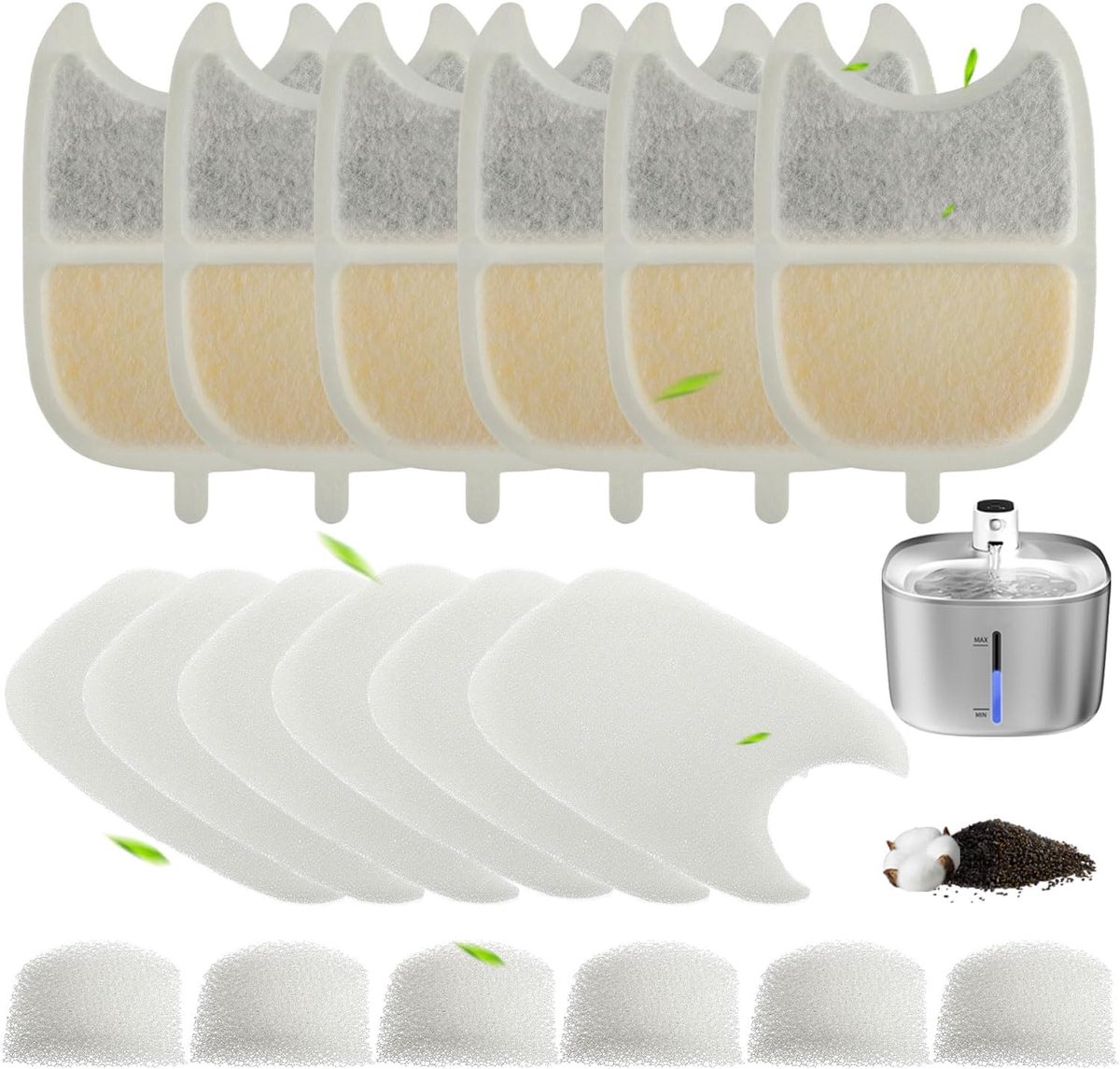 6 sets kattenfonteinfilters, 6 koolstoffilters, 6 voorgefilterde sponzen en 6 waterpompsponzen, met ionenwisselhars en actieve kool voor fontein, 4 liter, automatische fontein