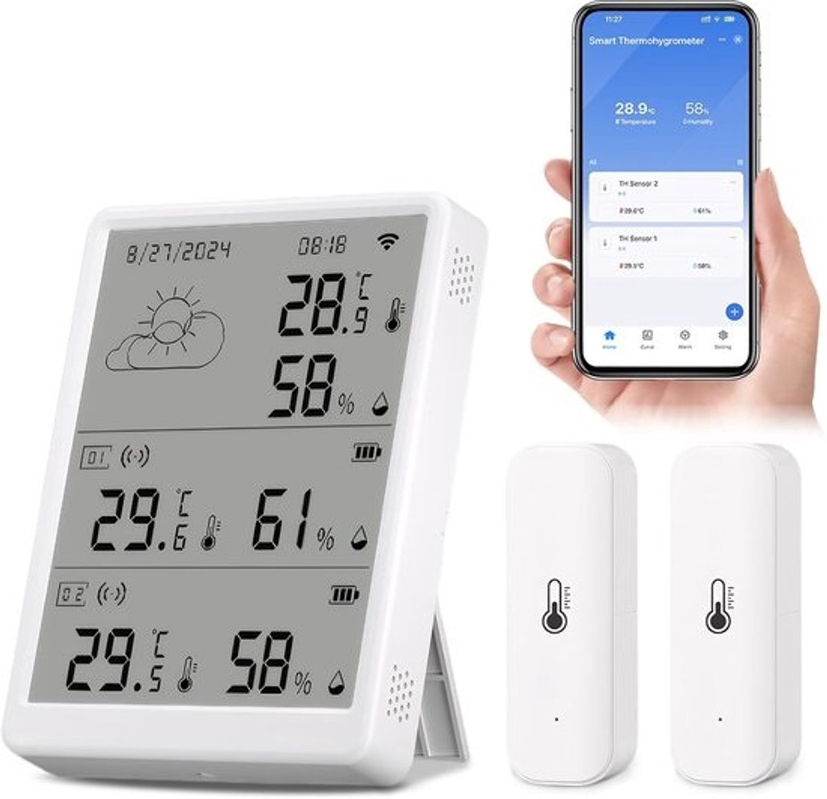 Slimme Binnen en Buiten Thermometer met Luchtvochtigheidsmeter en Wifi - Draadloos Bereik 100m