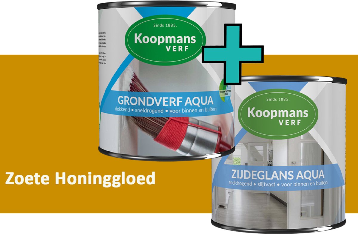 Koopmans Grondverf Aqua en Zijdeglans Aqua lakverf set - binnen buiten - Zoete Honinggloed - 2x - 750 ml