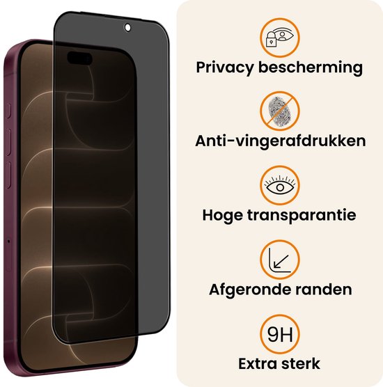 Privacy screenprotector voor paarse iPhone met anti-vingerafdruk en afgeronde randen. 9H extra sterk.
