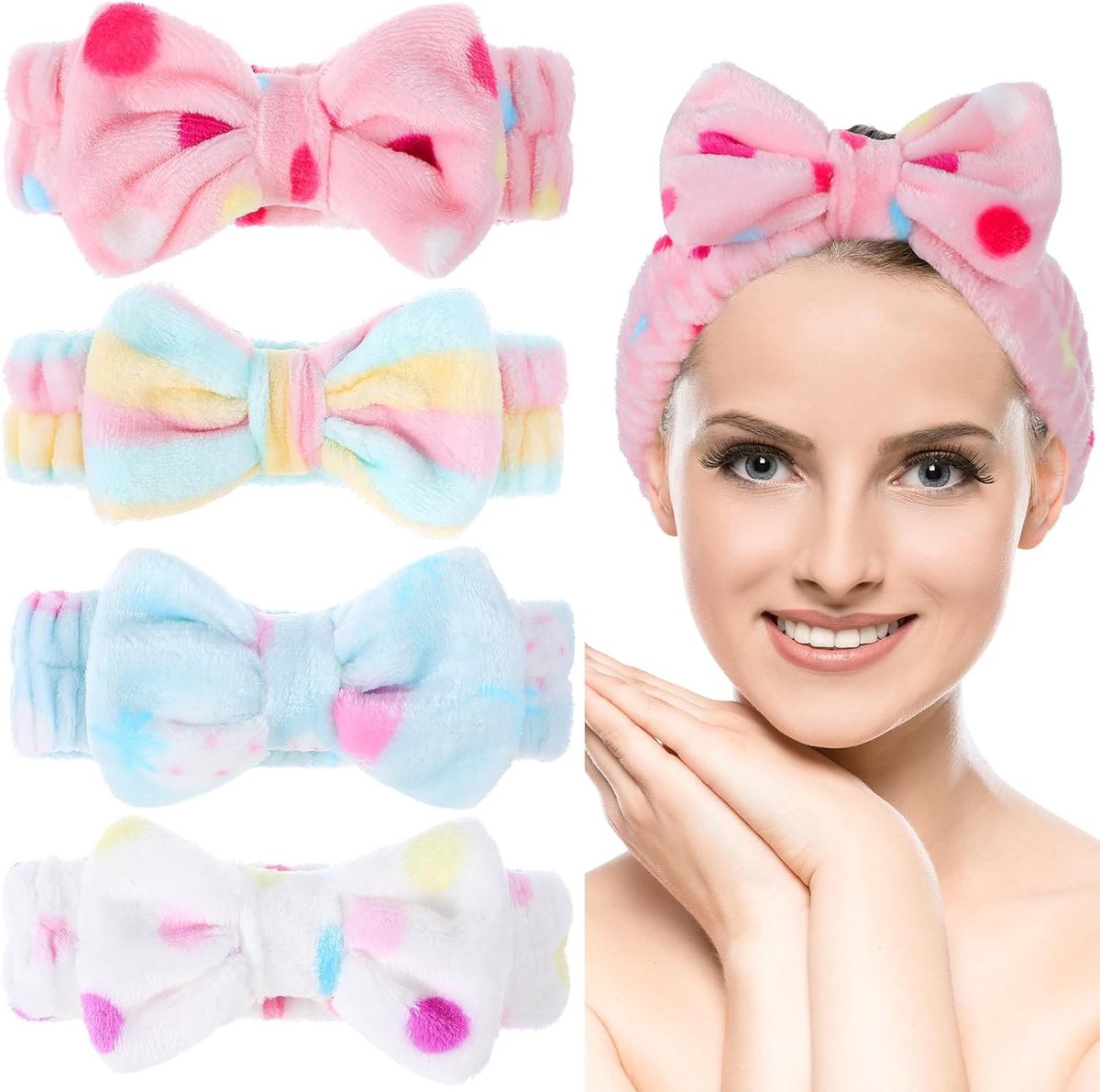 Set van 4 Gezichtswas Haarbanden met Strik - Zachte Fleece Haarbanden voor Make-up, Sport en Huidverzorging