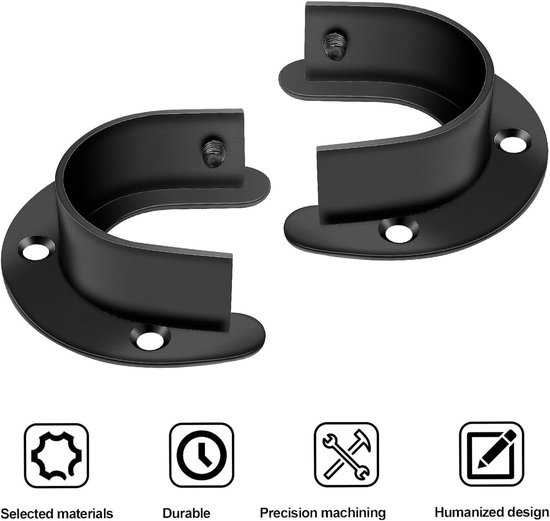 2 Stuks 38mm Kledingrail Houder, Zwarte Ronde Tube Beugel, Roestvrijstalen Steun voor Garderobe, Gordijnen en Badkameraccessoires — afbeelding 3