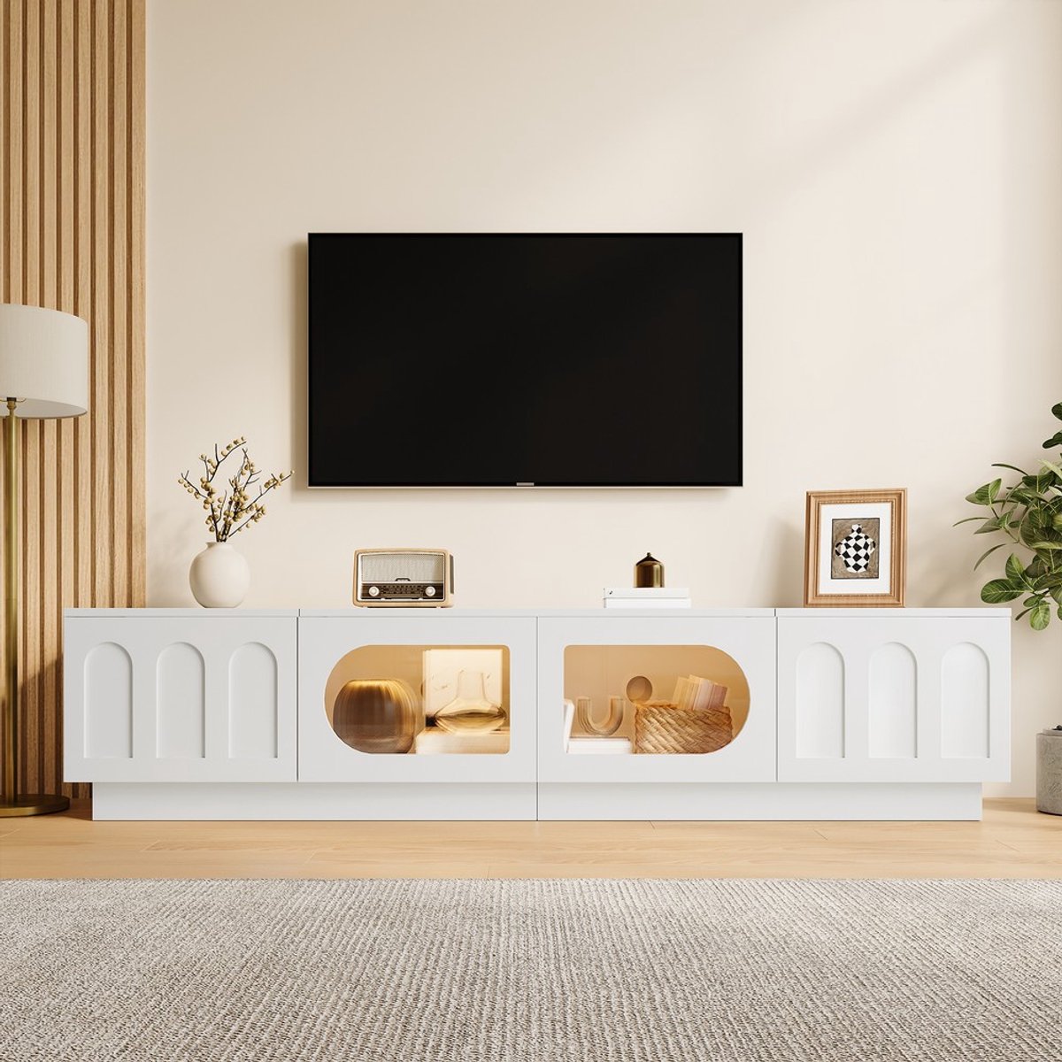 KOMHTOM TV-lowboard, tv-kast, tv-meubel met LED-verlichting, app-bediening, glazen deur, gebogen deur, kabeldoorvoer, woonkamer Wit