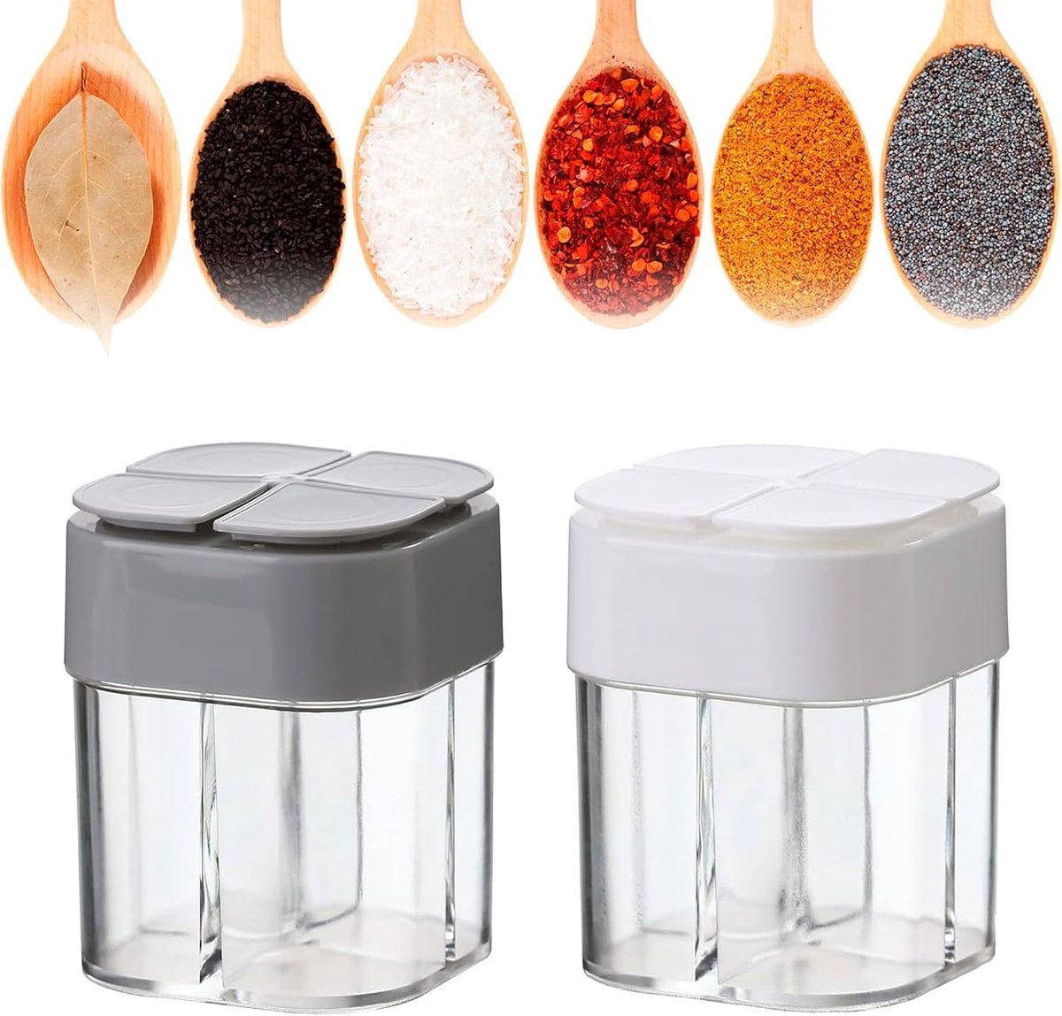 Kruidenstrooier voor keuken en camping, 4-in-1 kruidenpotje met deksel, peperstrooier van kunststof, transparant, draagbaar voor onderweg, outdoor reizen, set van 2 (grijs en wit)