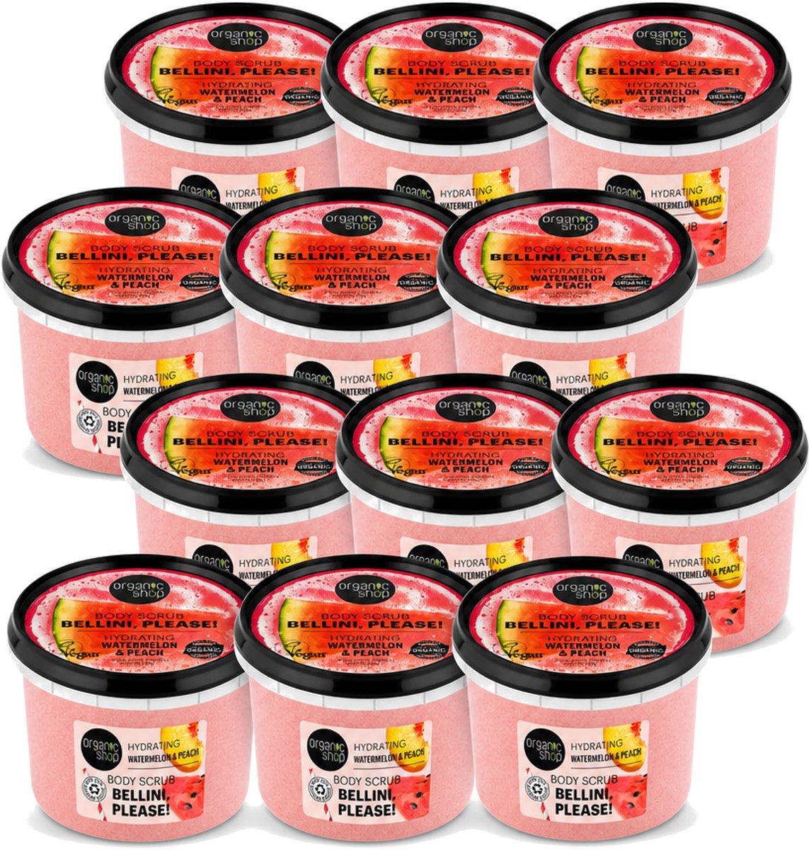 12 x Organic Shop - Body Scrub Watermelon & Peach - Hydratatie en Frisheid - 250 ml - Voordeelverpakking - 12 stuks