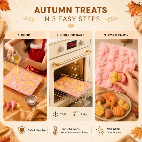 Mallen, 6 motieven: eekhoorn, hert, , paddenstoel, blad, pompoen, gietvorm voor cake, chocolade, zeep, ijs, multifunctioneel, herbruikbaar, robuust — afbeelding 4