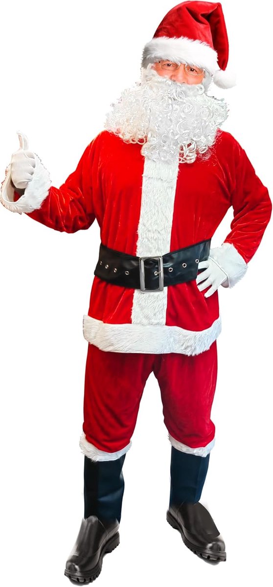 Kerstmankostuumset, hoed met pruik, baard, pak, handschoenen, riem, broek, laarzen, set van 7 stuks.