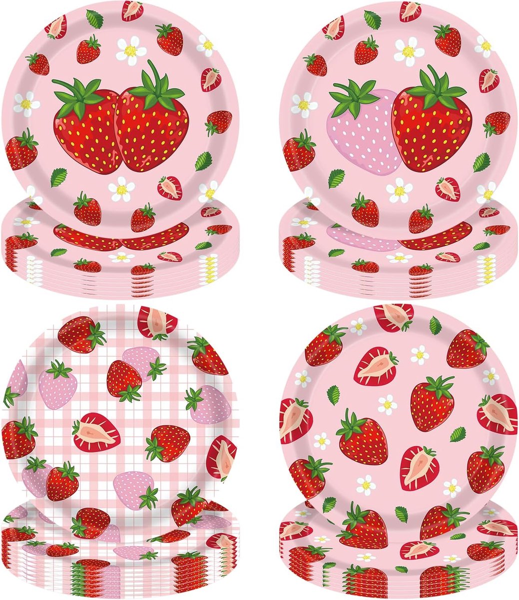 60-delige aardbeien-servieset voor 1e verjaardag – Berry First Birthday Party-bordjes met Strawberry Shortcake-thema, 7 inch voor meisjes verjaardag en babyshower Geschikt voor 60 personen
