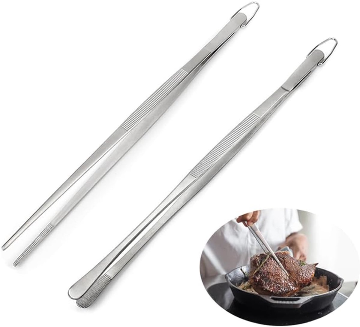 Set van 2 lange roestvrijstalen keukentangen van 30 cm, perfect voor koken, bakken en barbecueën