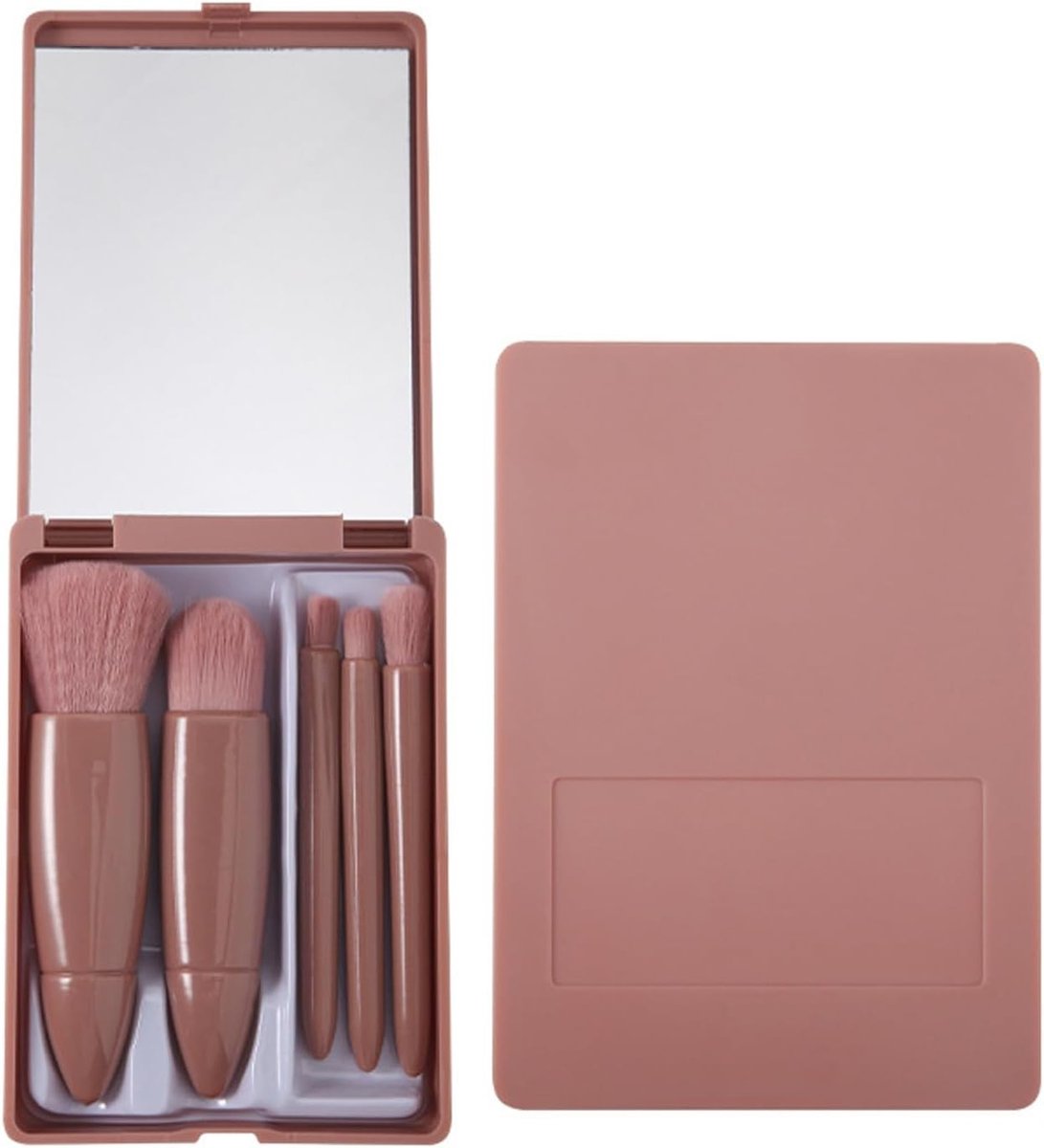 Reisformaat make-upborstels, mini cosmetische borstels, 5-delige set met spiegel en opbergkoffer voor dames en meisjes onderweg