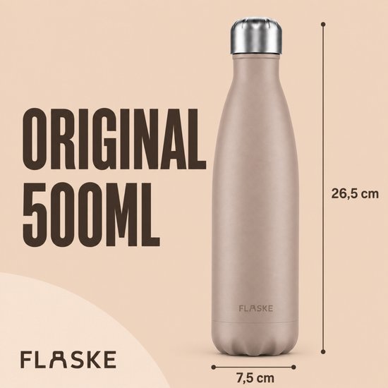 Beige FLASKE drinkfles van 500 ml met zilveren dop. Afmetingen: 26,5 cm hoog, 7,5 cm diameter.