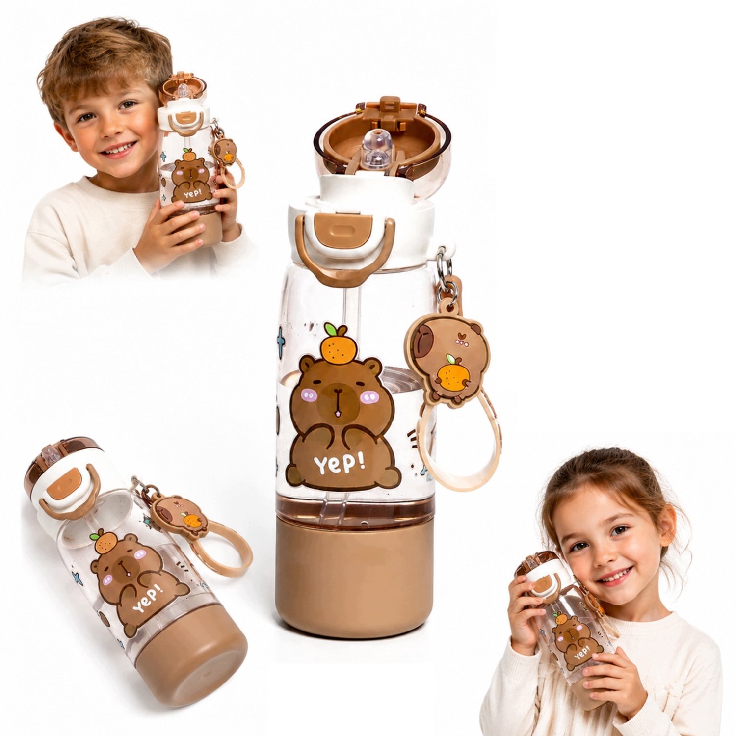 Kapibara Waterfles 510ml met Zachte Rietjes Tuit & Draagband