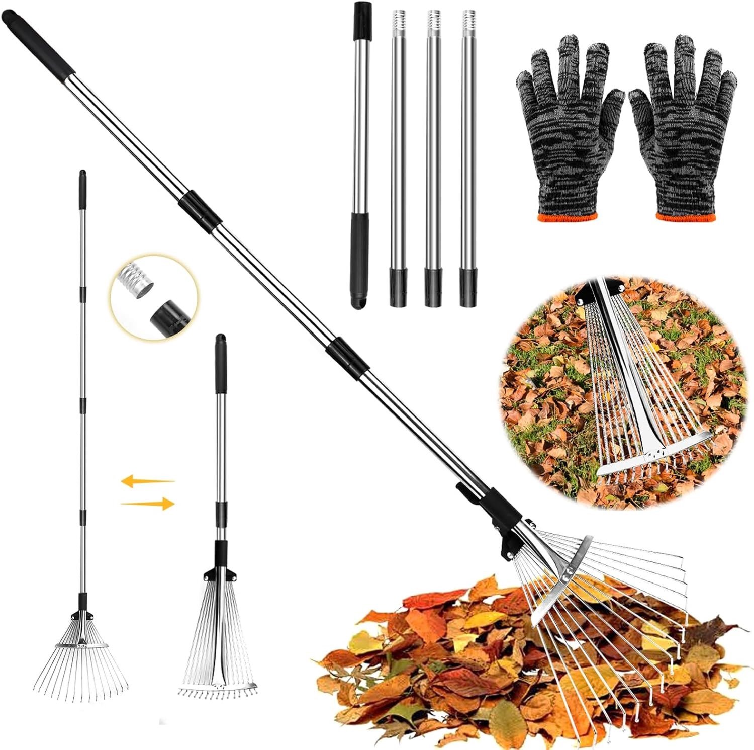 Verstelbare metalen hark voor de tuin met 15 tanden, bladhark en breedte 19-37 cm, lengte 44.5-207 cm