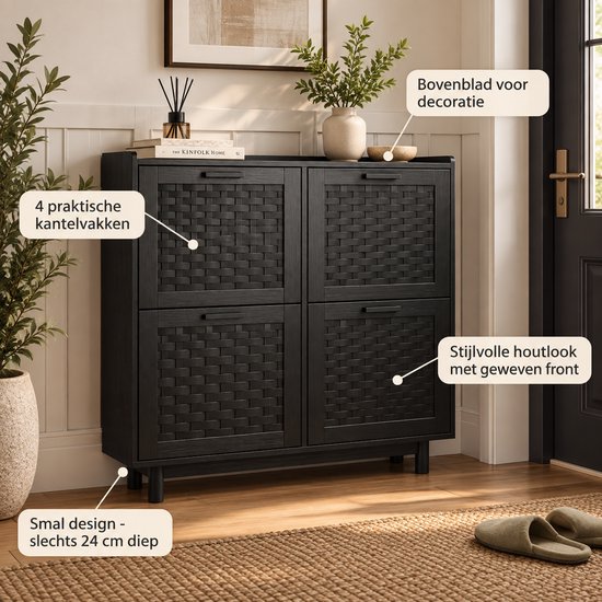 Zwarte schoenenkast met rotan-look deuren, met tekst over vakken en design.