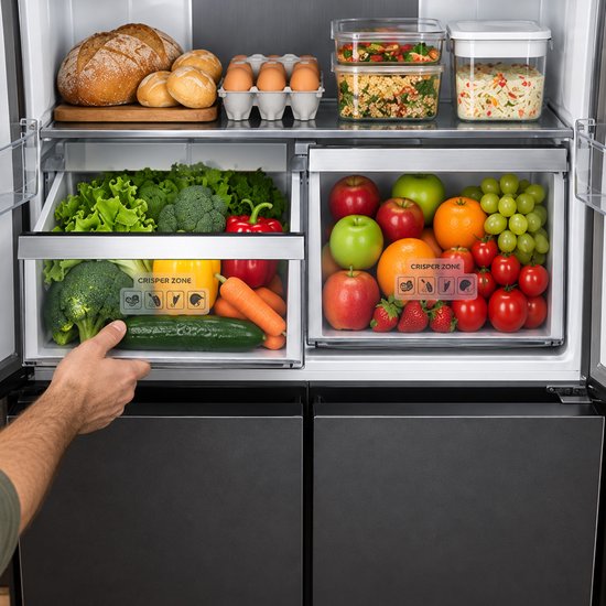 Open koelkast met vers fruit en groenten in de crisper zones, brood en eieren bovenaan.