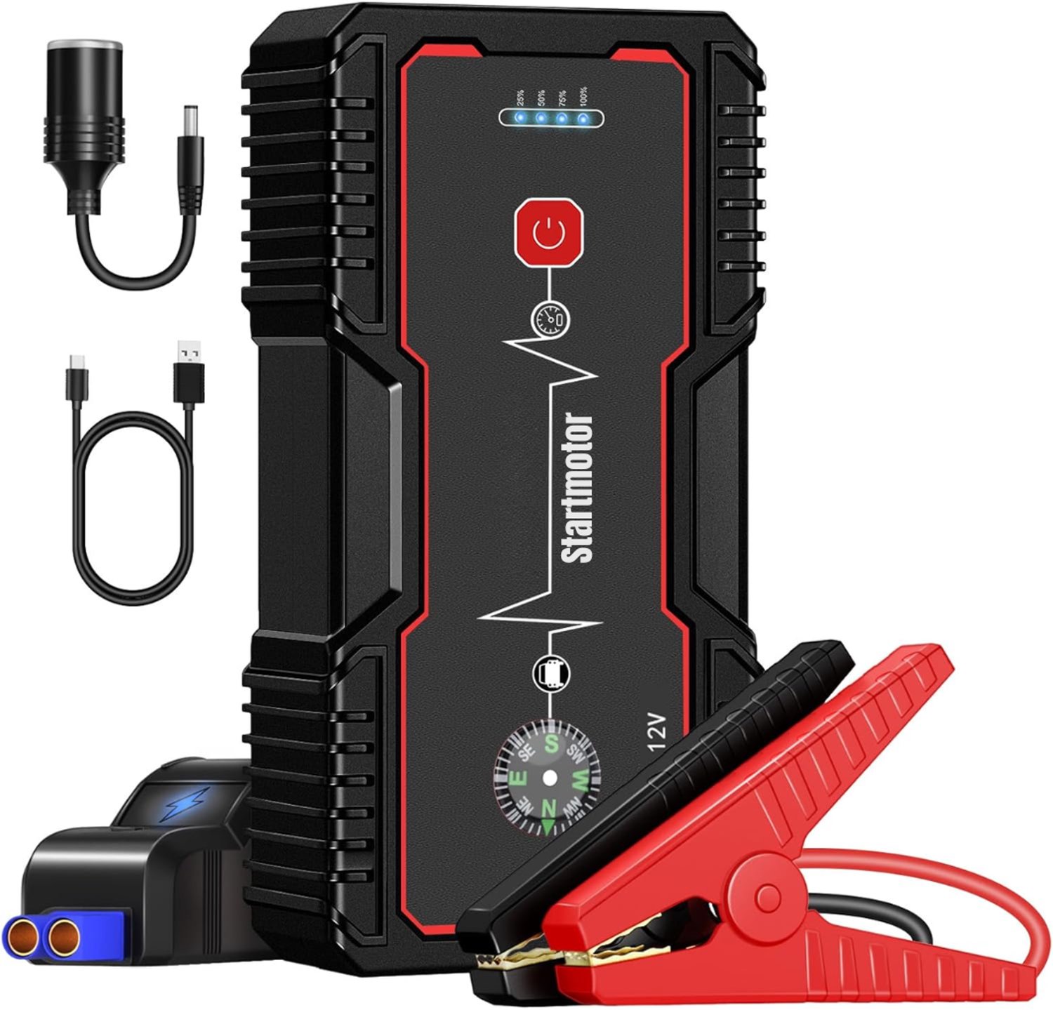 SAVI® Krachtige Jumpstarter voor Auto – Startkabels 18000mAh –Zwart- Acculader Auto 1500A – 27cm x 21cm x 5cm; 880 g