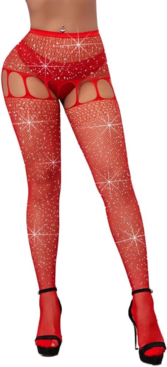 Verleidelijke Hoge Taille Visnet Panty met Glitter en Strass, Bloemenkant Patroon, Sexy Lingerie en Stockings
