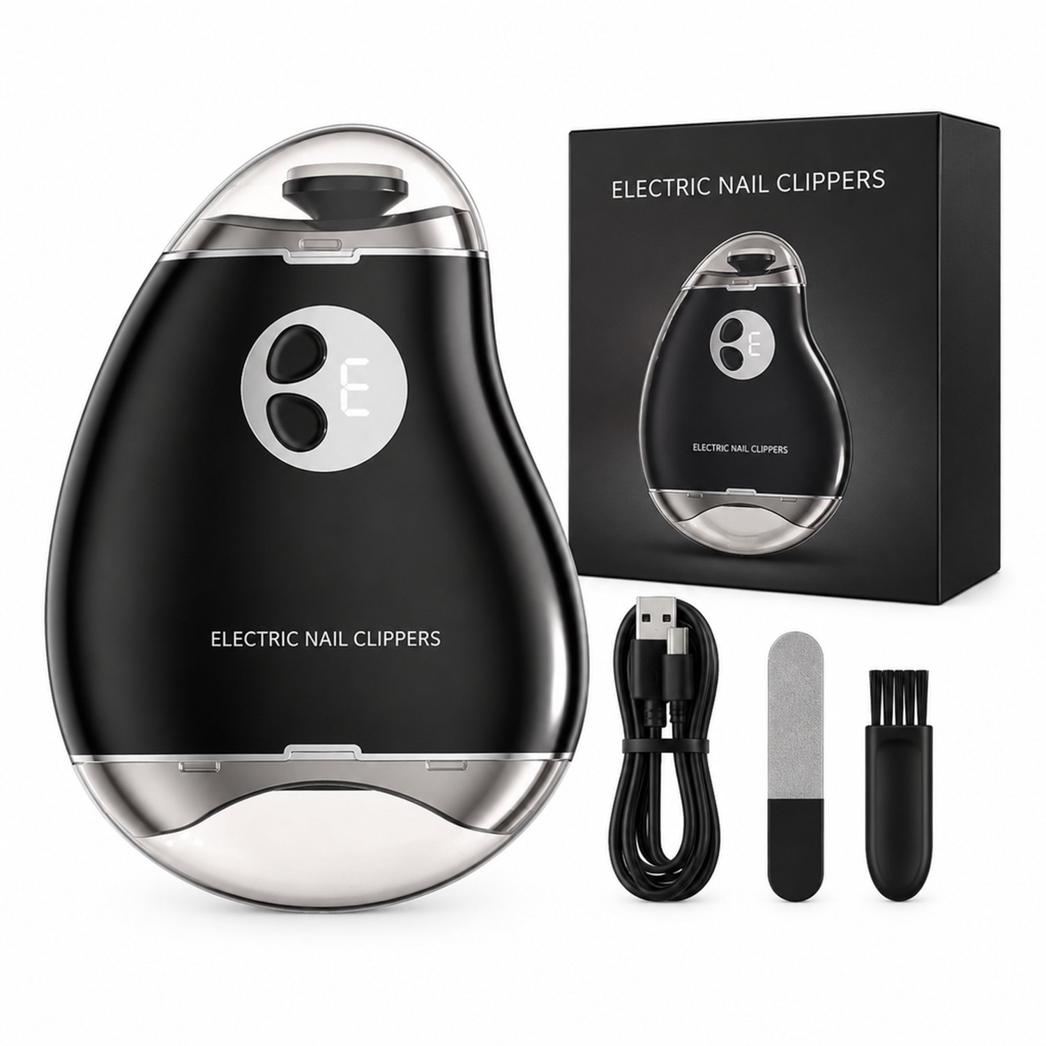 elektrische nagelknipper - zwart - met nagelvijl en verlichting - anti-inklemdesign - Engelse verpakking