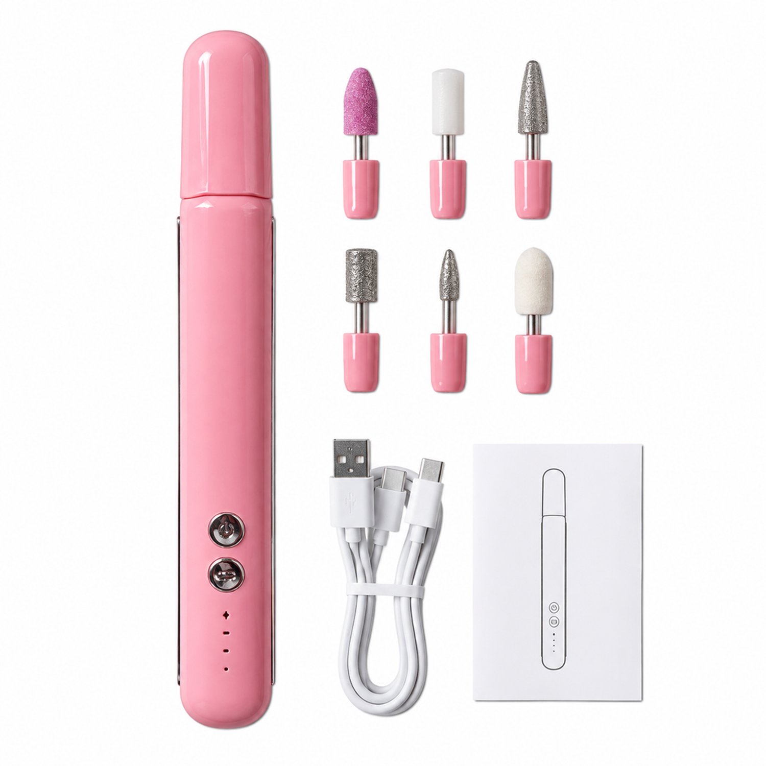 elektrische nageltrimmer - 6 slijpkoppen - USB Type-C opladen - roze complete set - met apparaat en accessoires