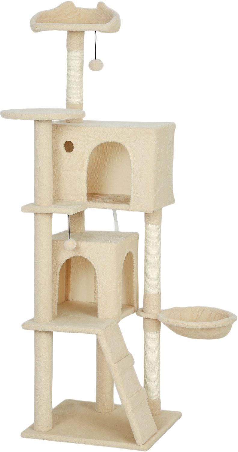 Pawona Krabpaal met hocker, hangmat, ladder en hol - Met sisalstammen en pluche - 48 x 48 x 160 cm - Beige