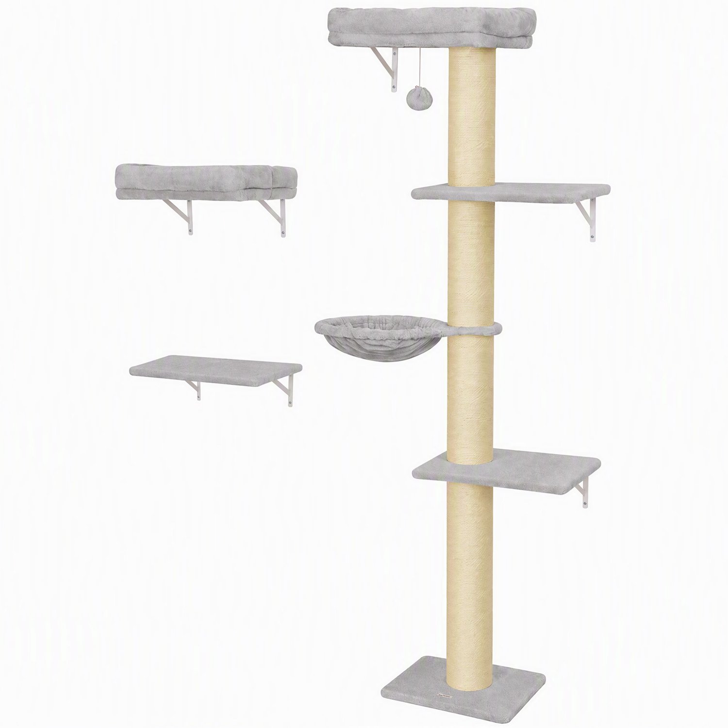 Pawona 5-delige kattenklimwand - Met krabpaal, hangmat en ligbedden - 64 x 29,5 x 178 cm - Lichtgrijs/Crèmewit