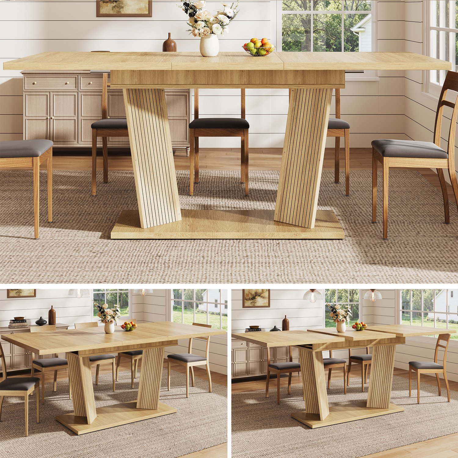 Clruro Eettafel - 120–160×80×76 cm - Uitschuifbaar - Dubbele Zuilvoet - MDF - Naturelbruin Lichtbruin