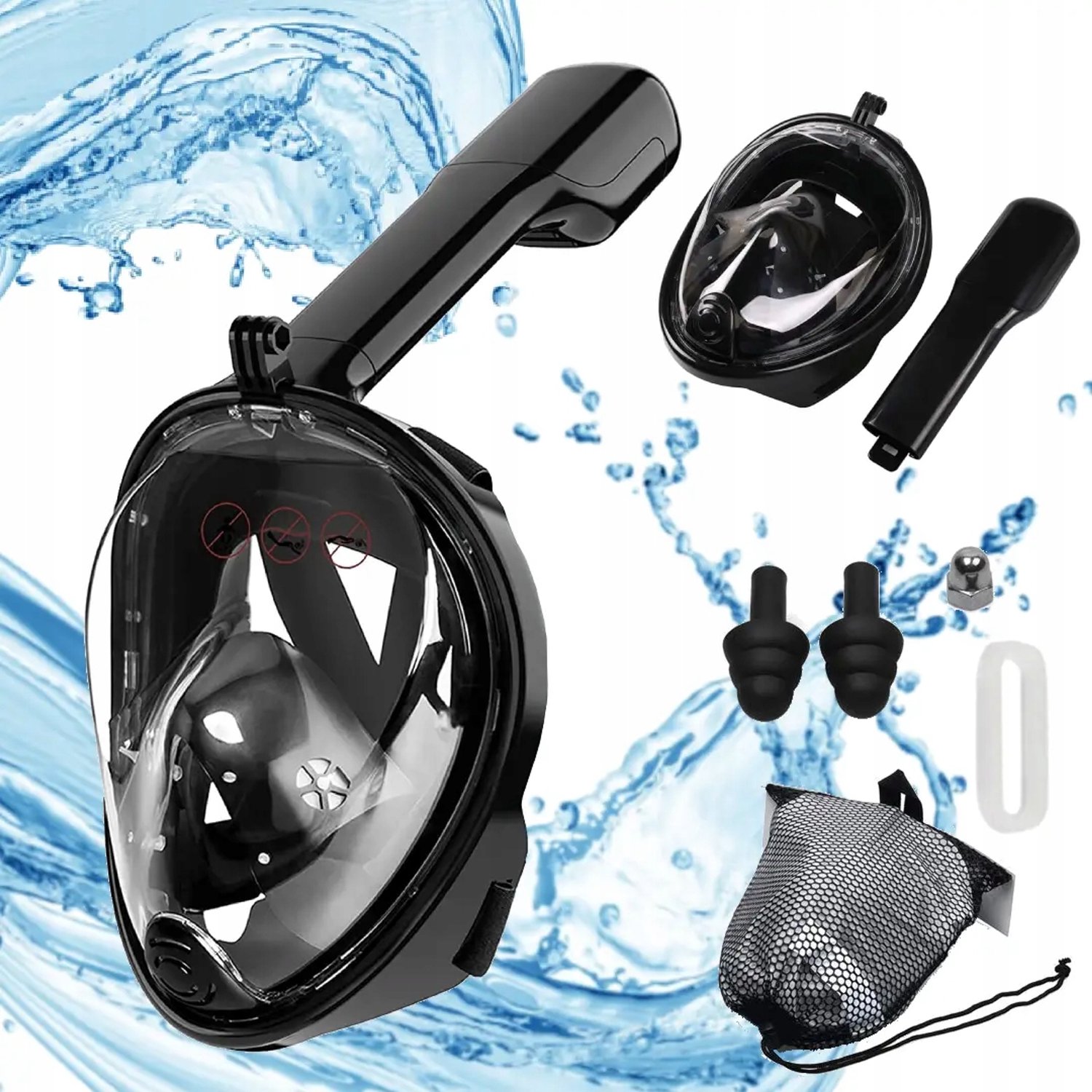 Volledig gezichts snorkelmasker S/M Zwart met slang en tas