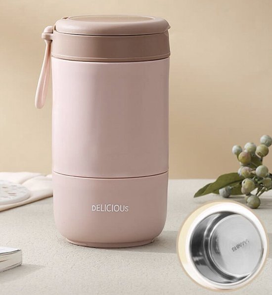 Roze isolerende voedselbeker met bruine deksel en het woord 'DELICIOUS'. RVS binnenzijde.
