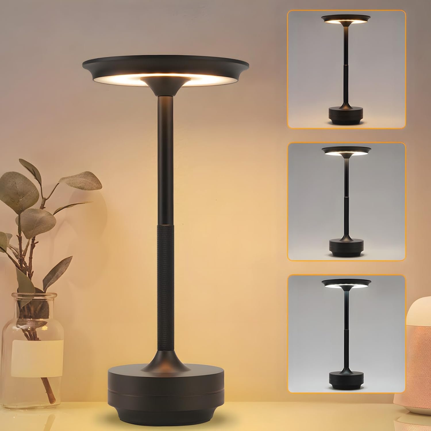 YAGXIG Draadloze LED Bureaulamp - Nachtlampje - Bureaulamp voor de slaapkamer - Oplaadbaar - Dimbaar - 5000mAh - Nachtlampje - Bureaulamp - Bureaulamp voor woonkamer en slaapkamer - 3 kleuren - Zwart
