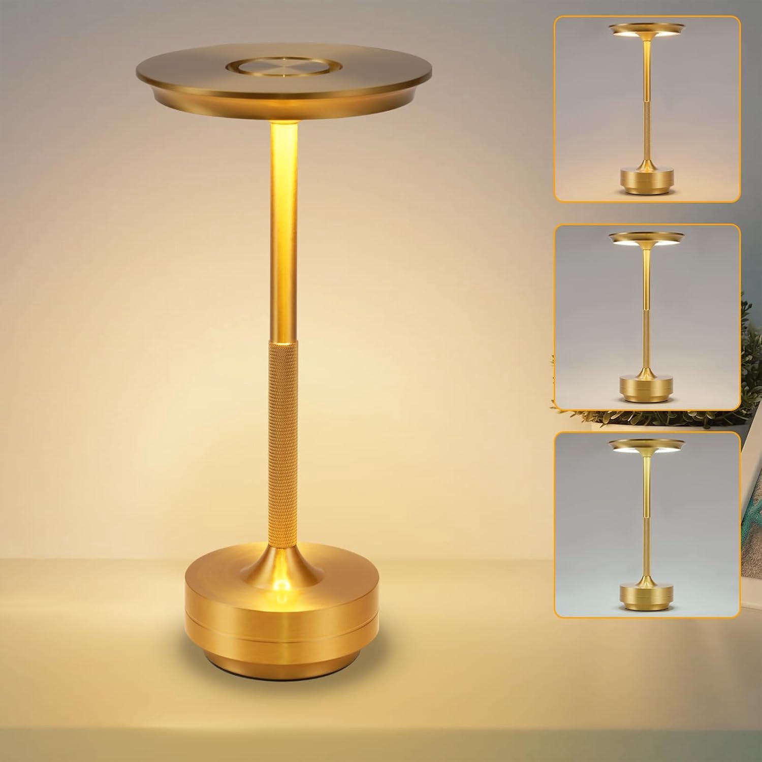 YAGXIG Draadloze LED-bureaulamp - Nachtlampje - Bureaulamp voor de slaapkamer - Oplaadbaar - Dimbaar - 5000mAh - Nachtlampje - Bureaulamp - Bureaulamp voor woonkamer en slaapkamer - 3 kleuren - Goud