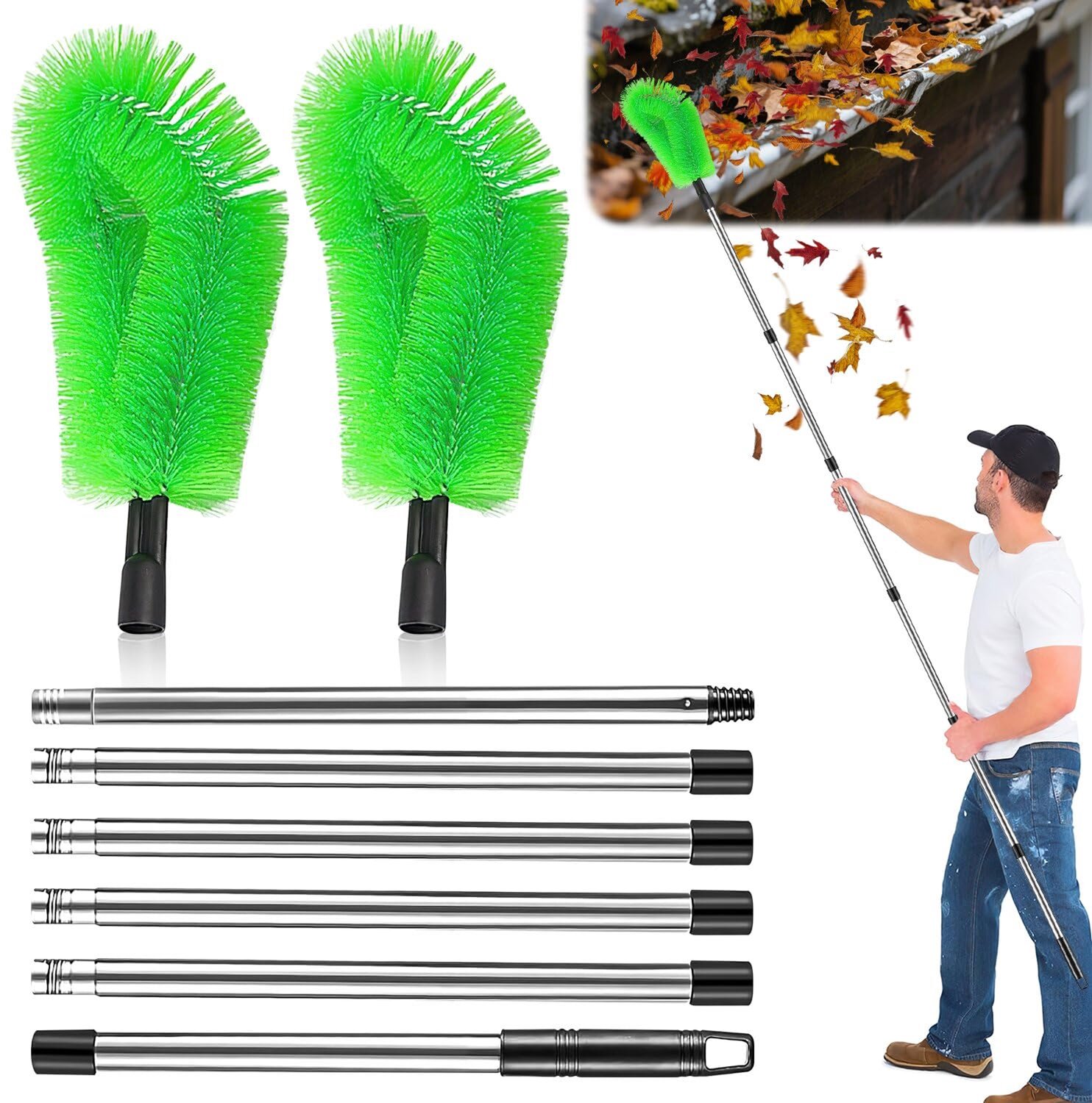 Famanu - Dakgootreiniger met telescoopsteel - Effectieve reiniging van dakgoten - Lichtgewicht kunststof - Groen 1 stuk